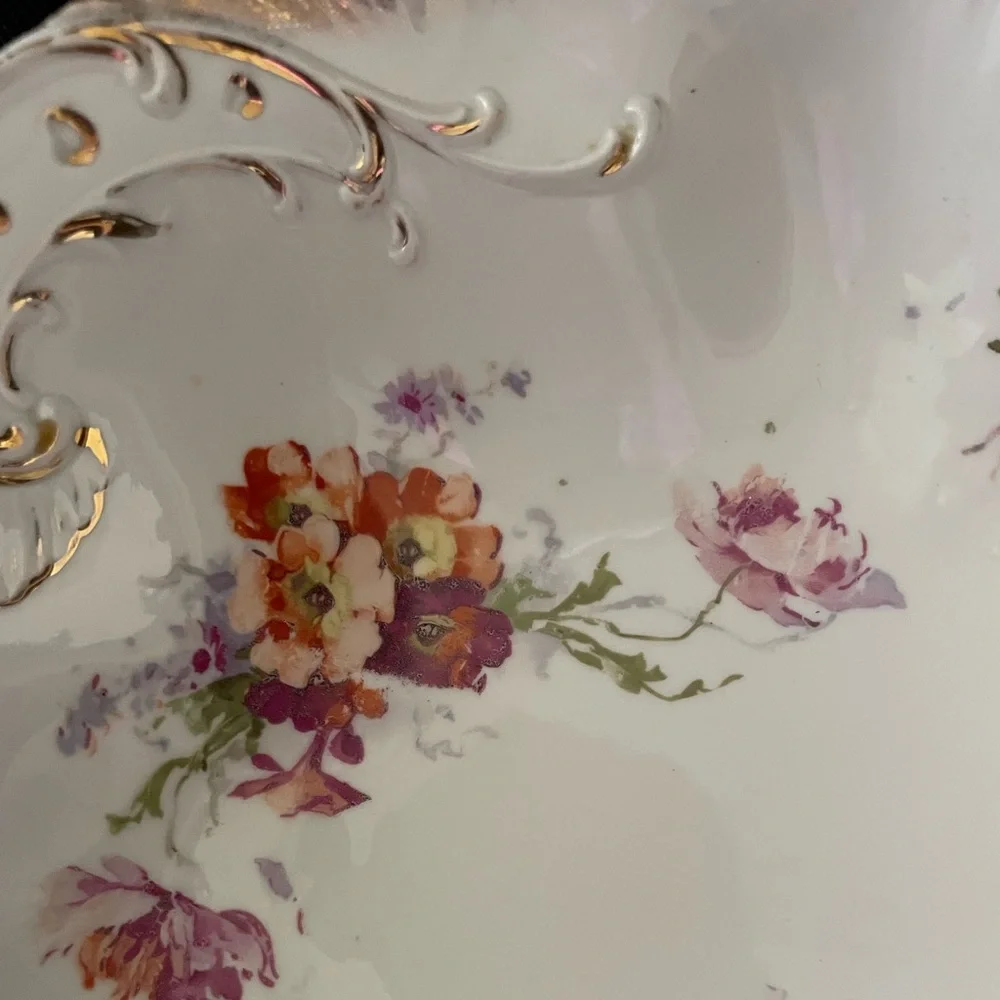 Antique German Porcelain China white/floral gold scalloped edge serving bowl